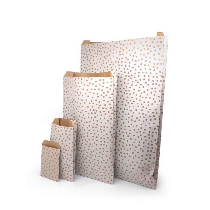 flat counter sweet paper bags white brown polka dots