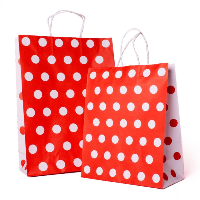 red and white polka dot paper bag